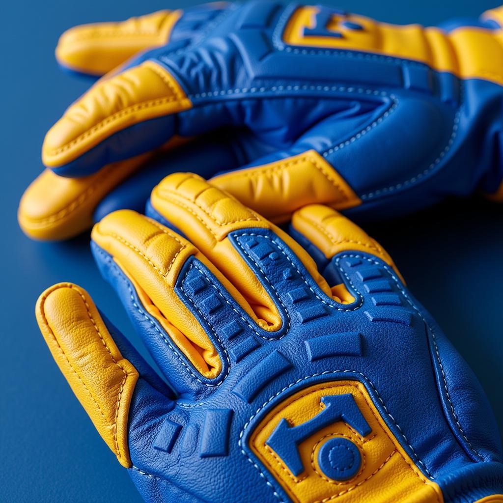 Close-up of blue and gold football gloves showcasing grip and stitching