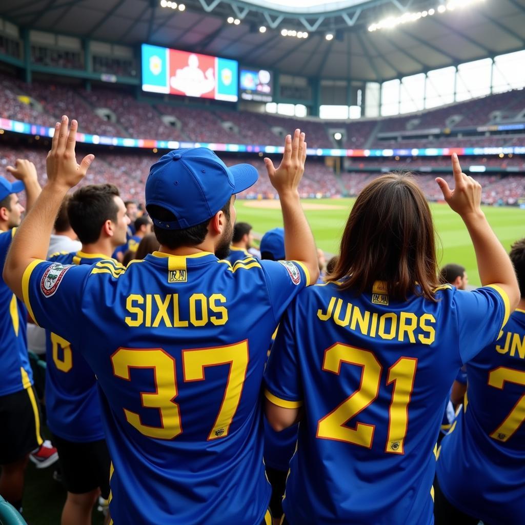 Boca Juniors Baseball Fans - A group of enthusiastic fans wearing Boca Juniors jerseys at a baseball game.