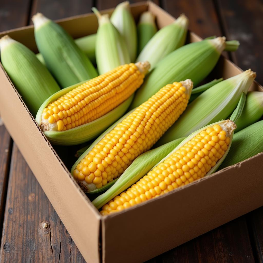 Fresh Corn on the Cob in a Cardboard Box