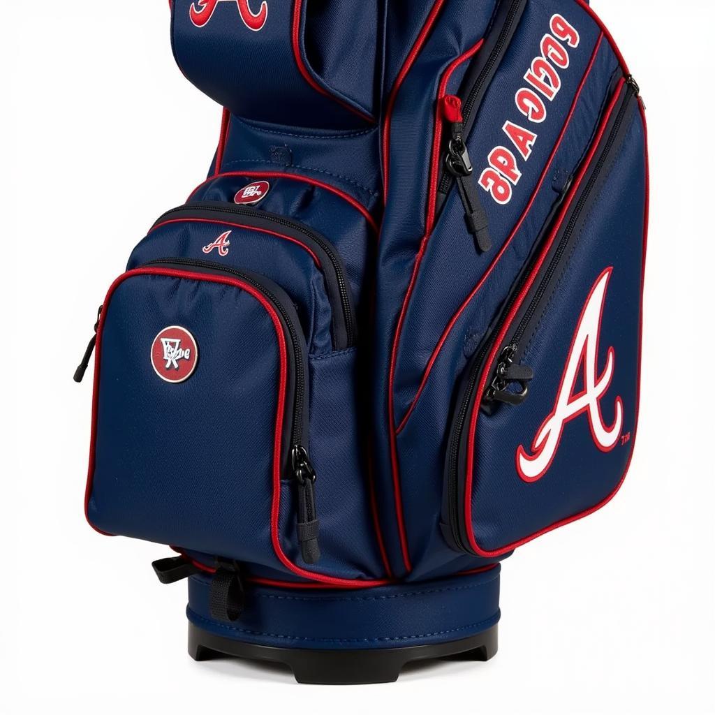 Close-up view of a Braves stand bag showcasing its features and logo