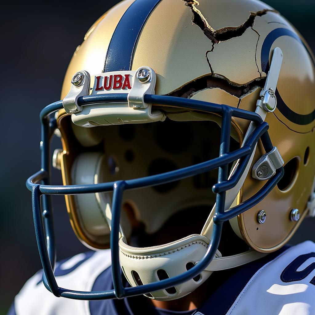 Close-up image of a broken football helmet showing the extent of damage