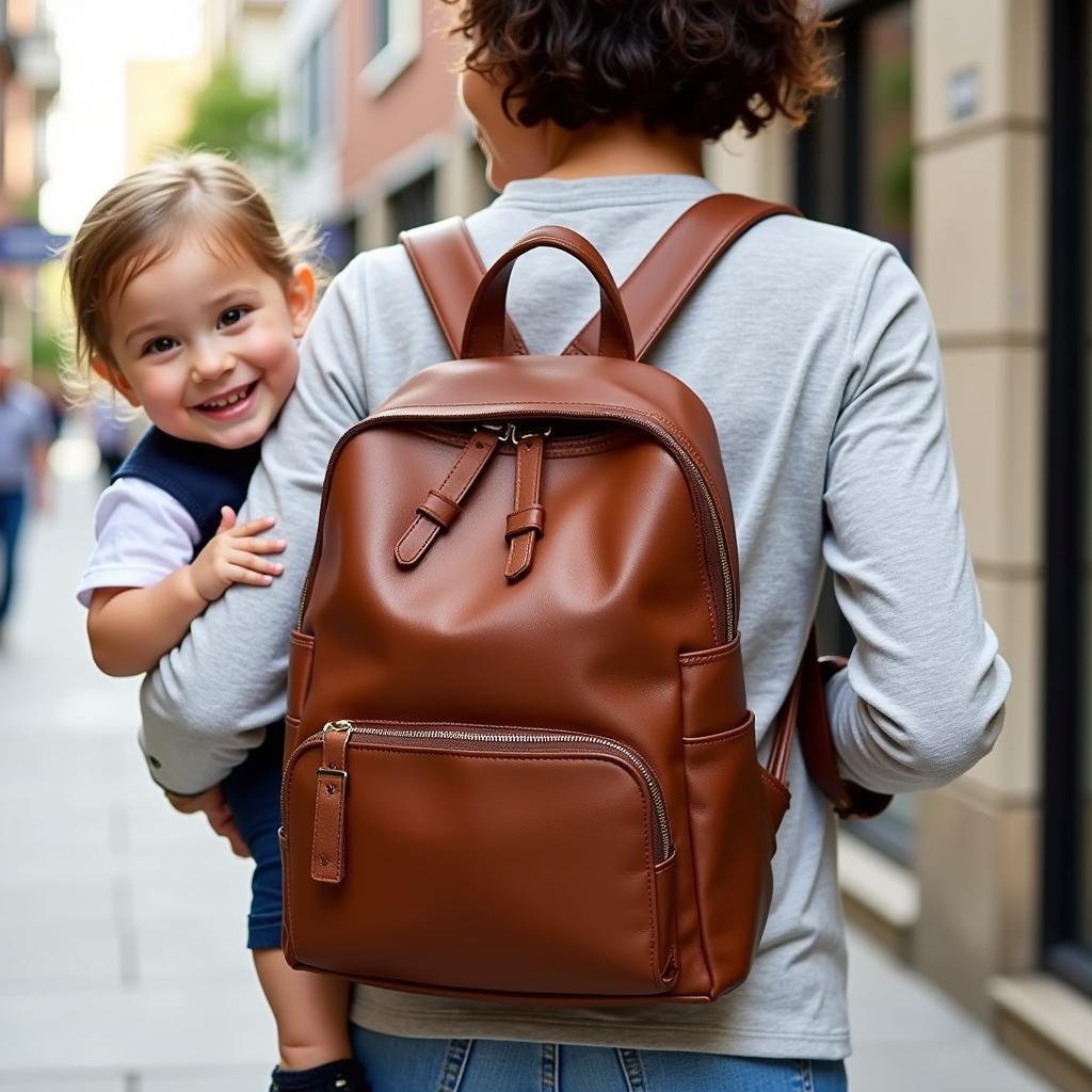 Stylish Parent with Brown Leather Diaper Bag Backpack