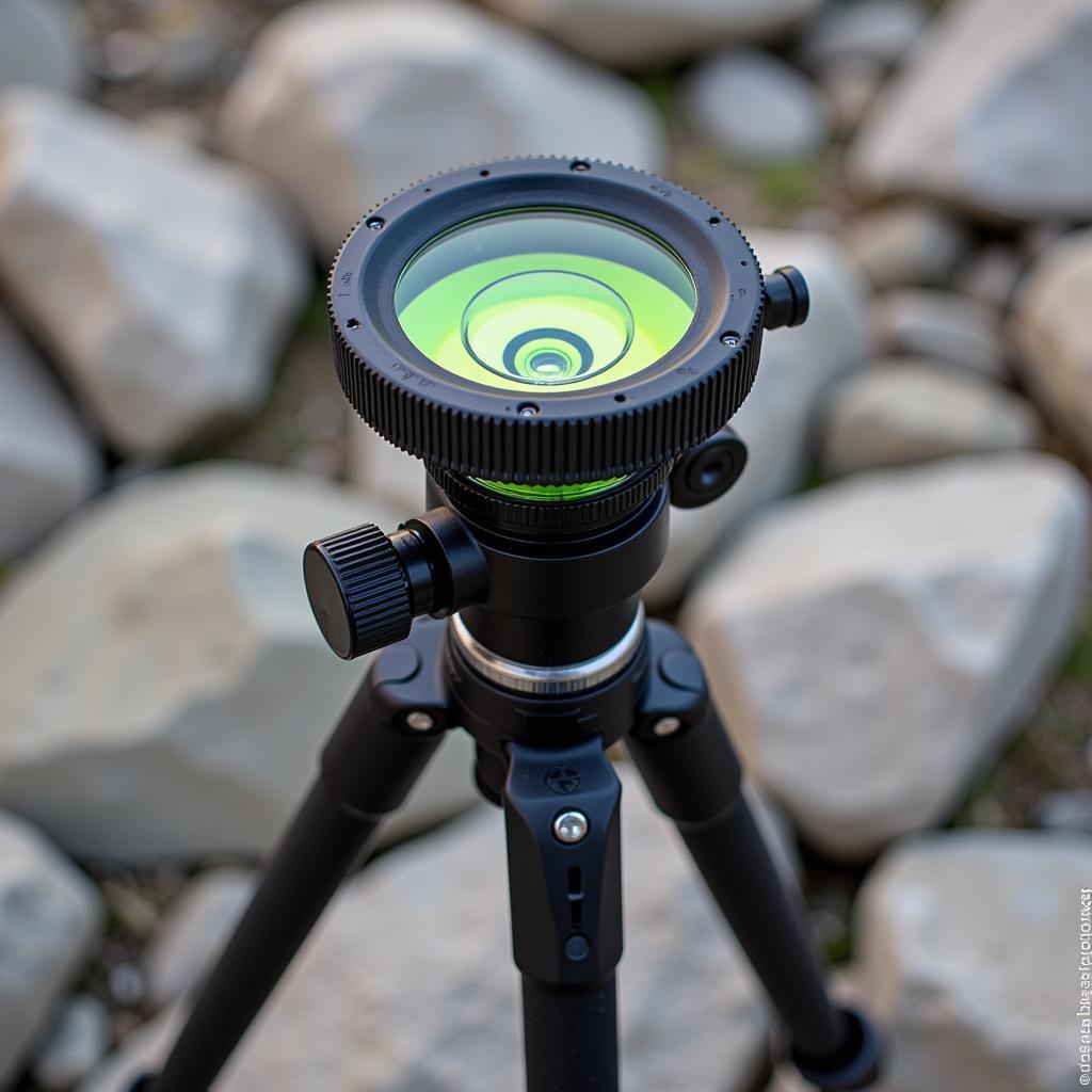 Bulls eye spirit level being used to level a tripod on uneven ground