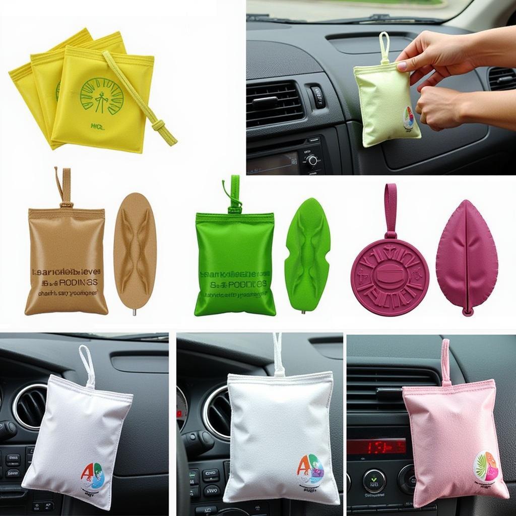 Various car air freshener pouches displayed on a dashboard.