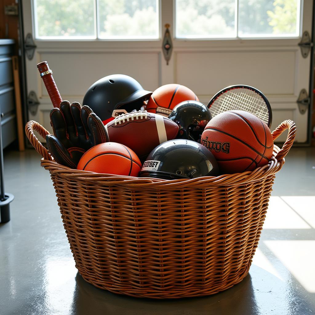 Catch all basket overflowing with various sports equipment like balls, gloves, and helmets