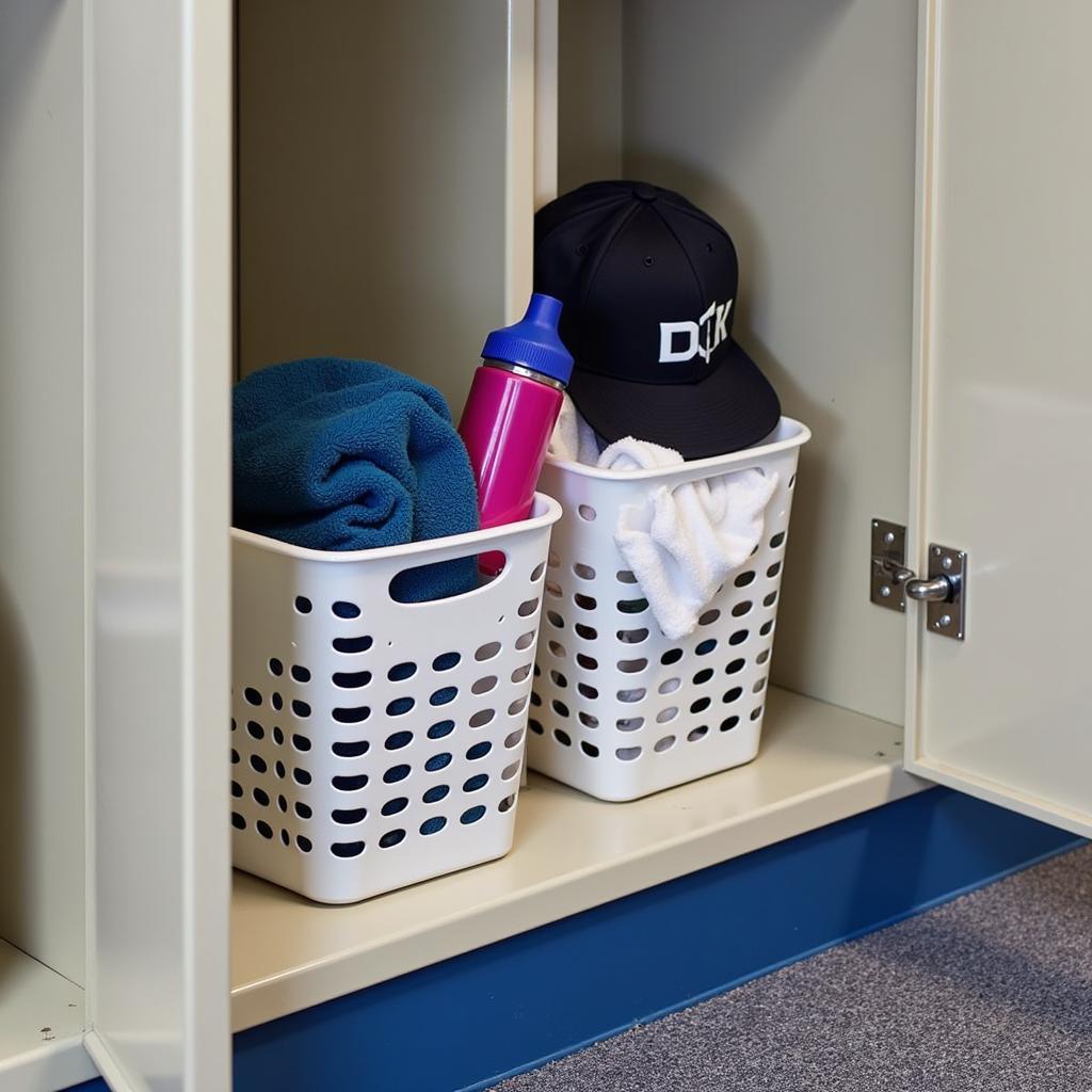 A catch all basket neatly organized inside a sports locker