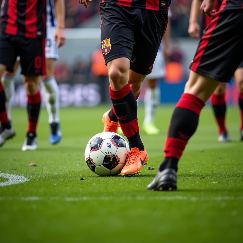 A soccer player demonstrating the cell bowling ball dribbling technique, keeping the ball close to their feet while maneuvering through defenders.