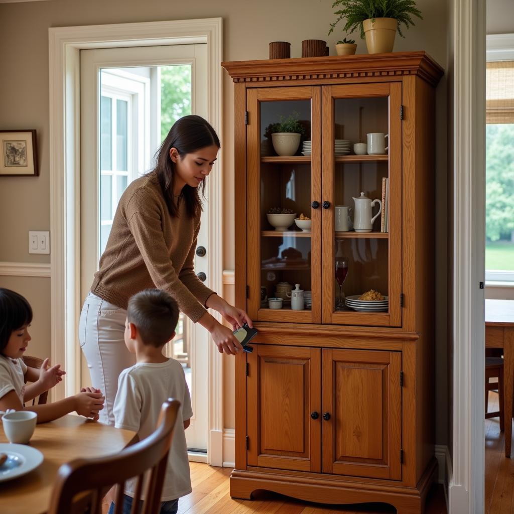 Cell phone storage cabinet in a home setting