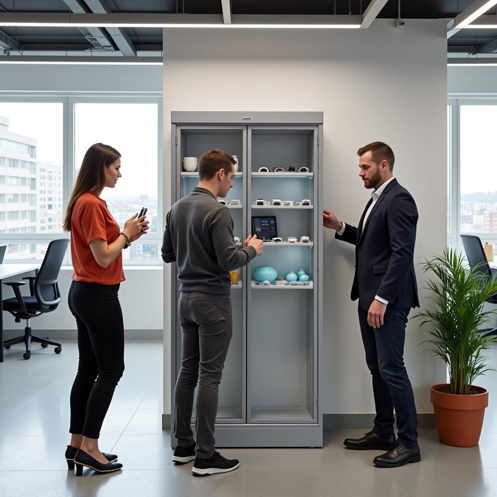 Cell phone storage cabinet in an office environment