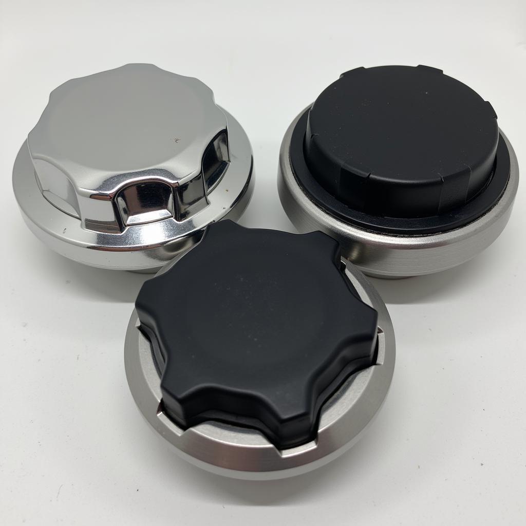 Close-up shots of center caps showcasing different materials and finishes.