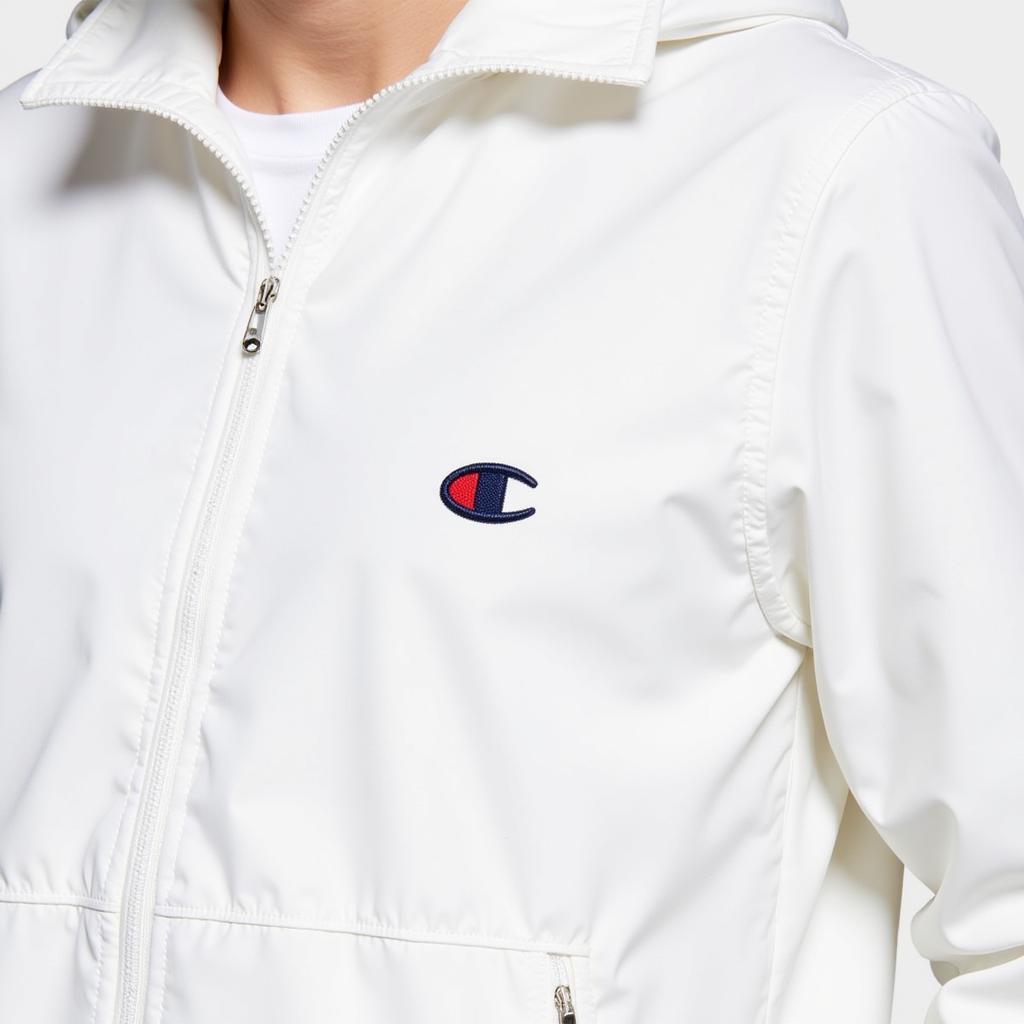 Close-up Details of a Champion White Windbreaker