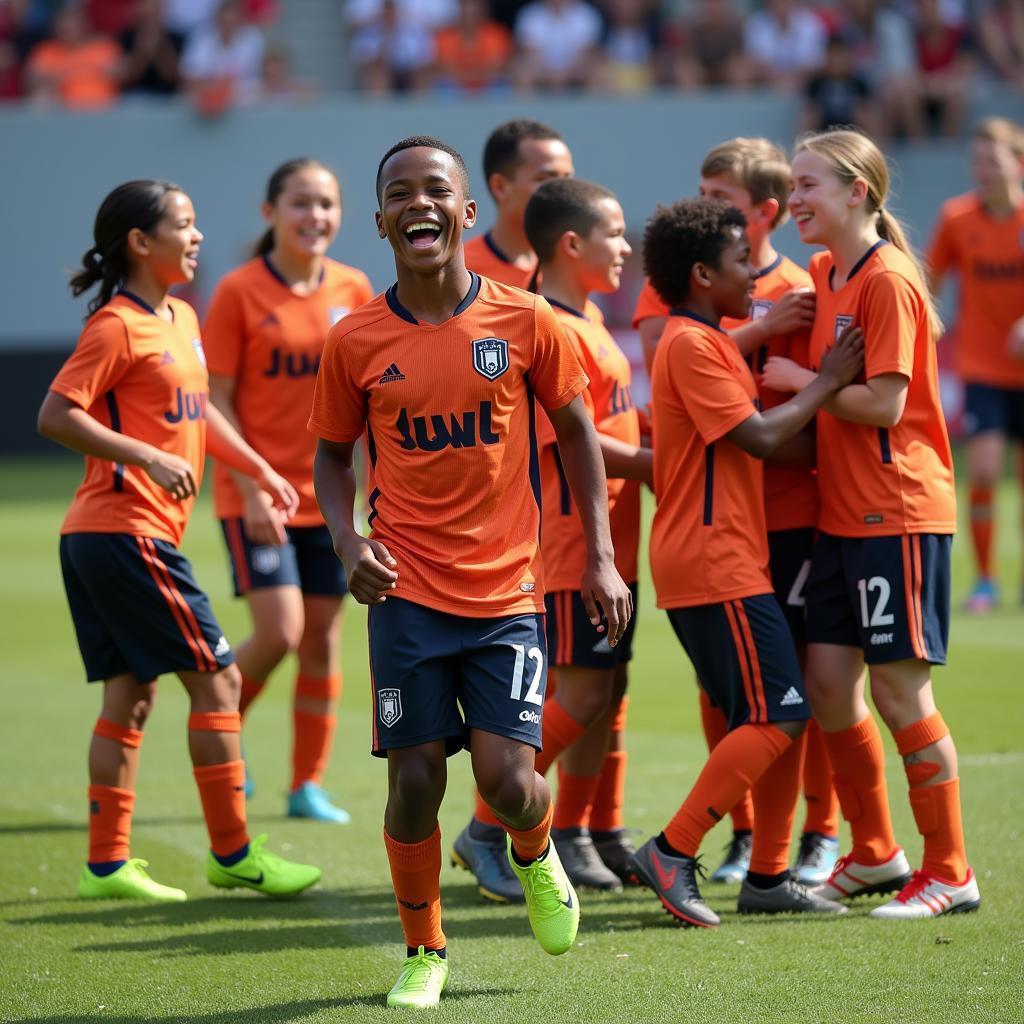 Charlie O'Neal celebrating a goal with his teammates