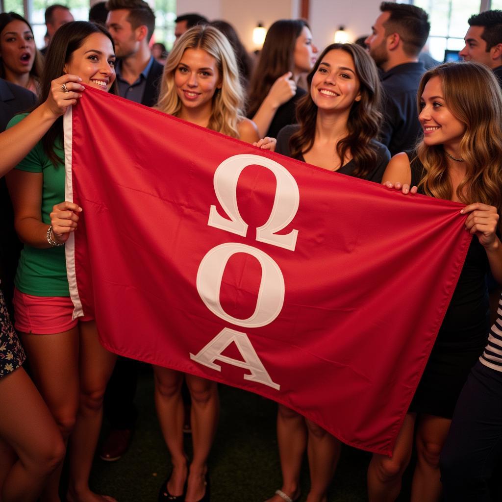 Chi Omega flag displayed prominently at a sorority event.