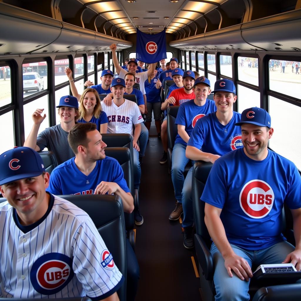 Chicago Cubs fans enjoying a bus trip to Wrigley Field