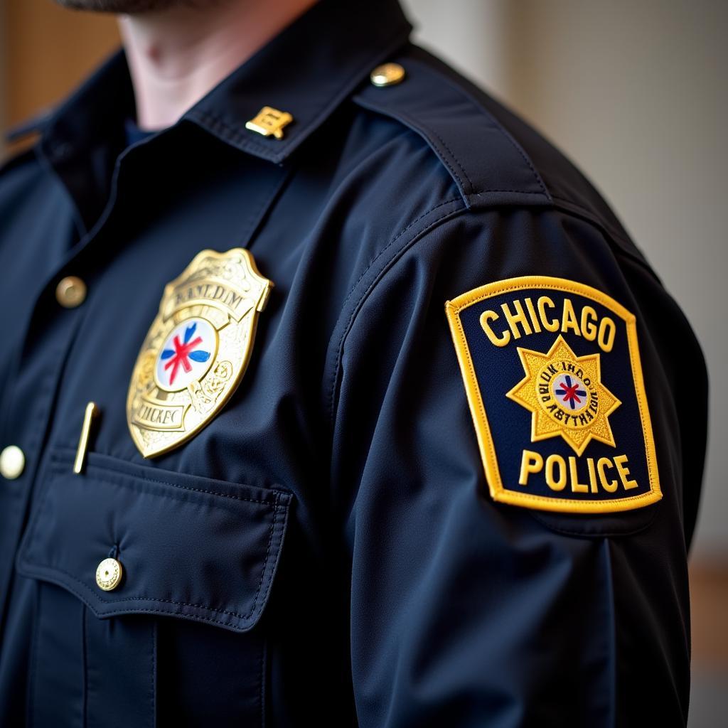 A Chicago Police Officer in uniform, with a focus on the clearly visible Chicago Police Patch on their shoulder.