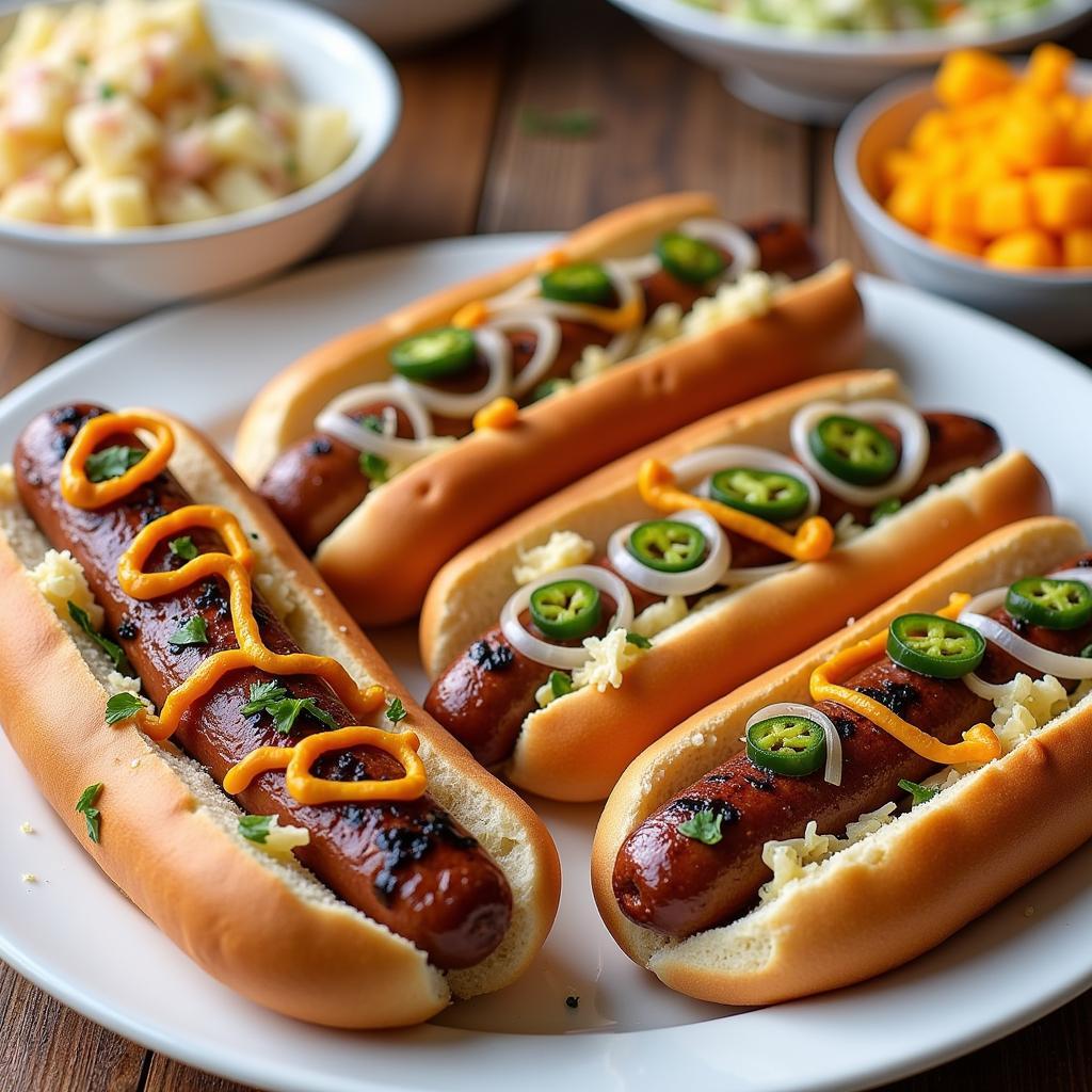 Serving Chorizo Brats with Various Toppings and Sides