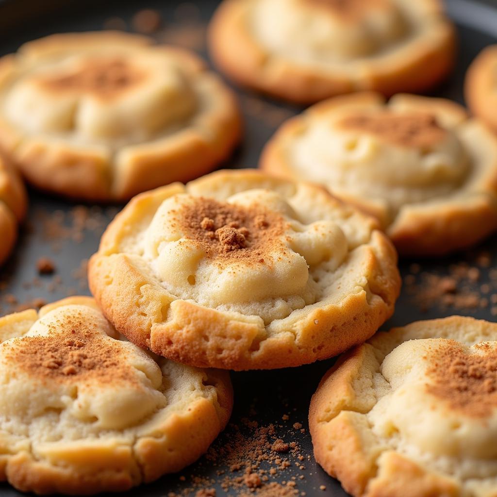 Close-up of freshly baked cin cookies, highlighting the golden-brown color and cinnamon sugar topping.