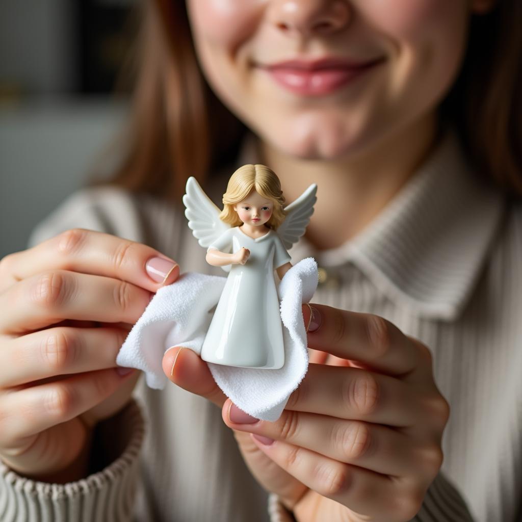 Cleaning an angel small figurine with a soft cloth.