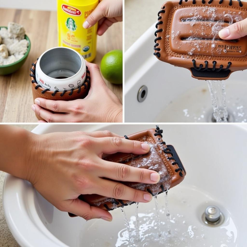 Demonstrating how to hand wash a baseball glove koozie