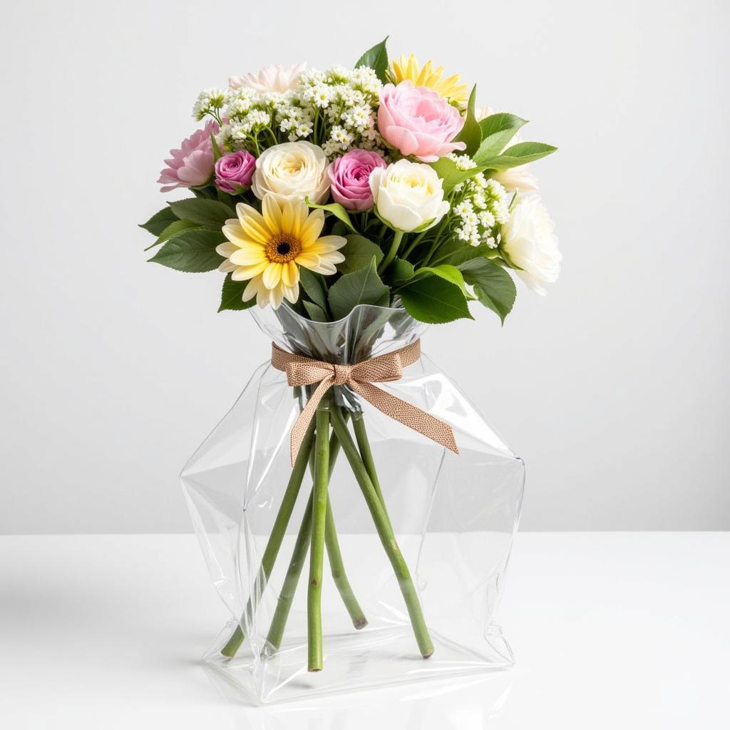 Clear flower bag with flower arrangement and ribbon