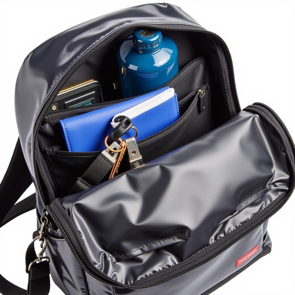 A clear mini backpack neatly packed with essential items for a game day, such as a phone, wallet, keys, and a small water bottle.