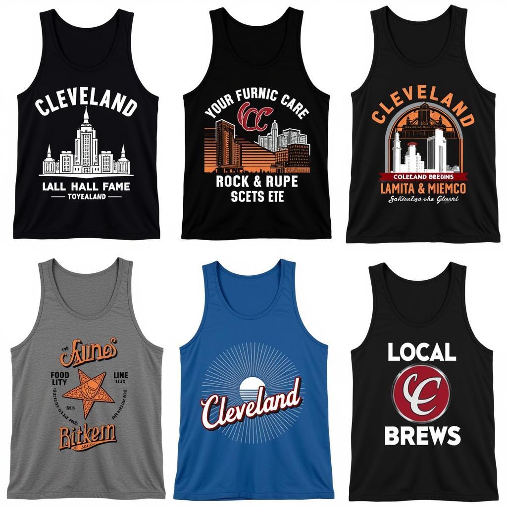 Various Cleveland themed tank tops showcasing city landmarks and local pride.