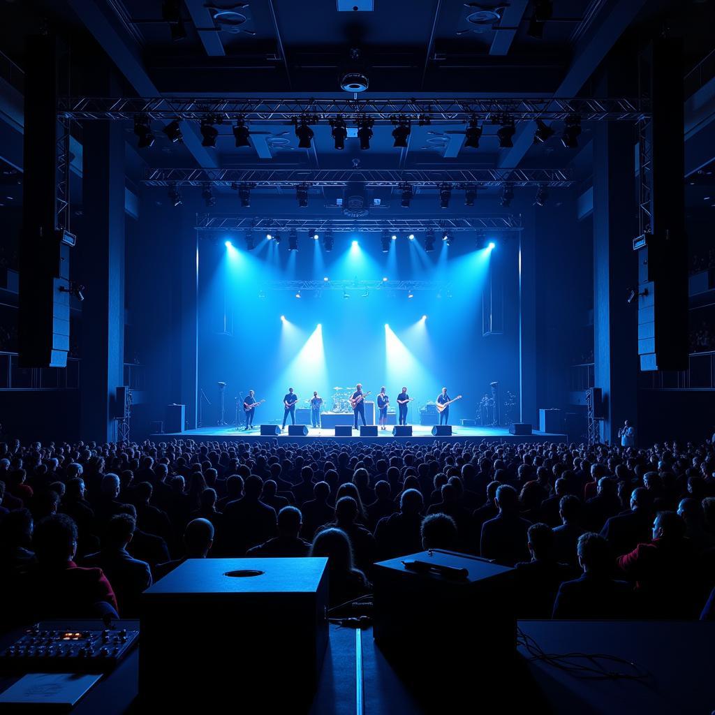 Concert venue with stage lights and sound equipment