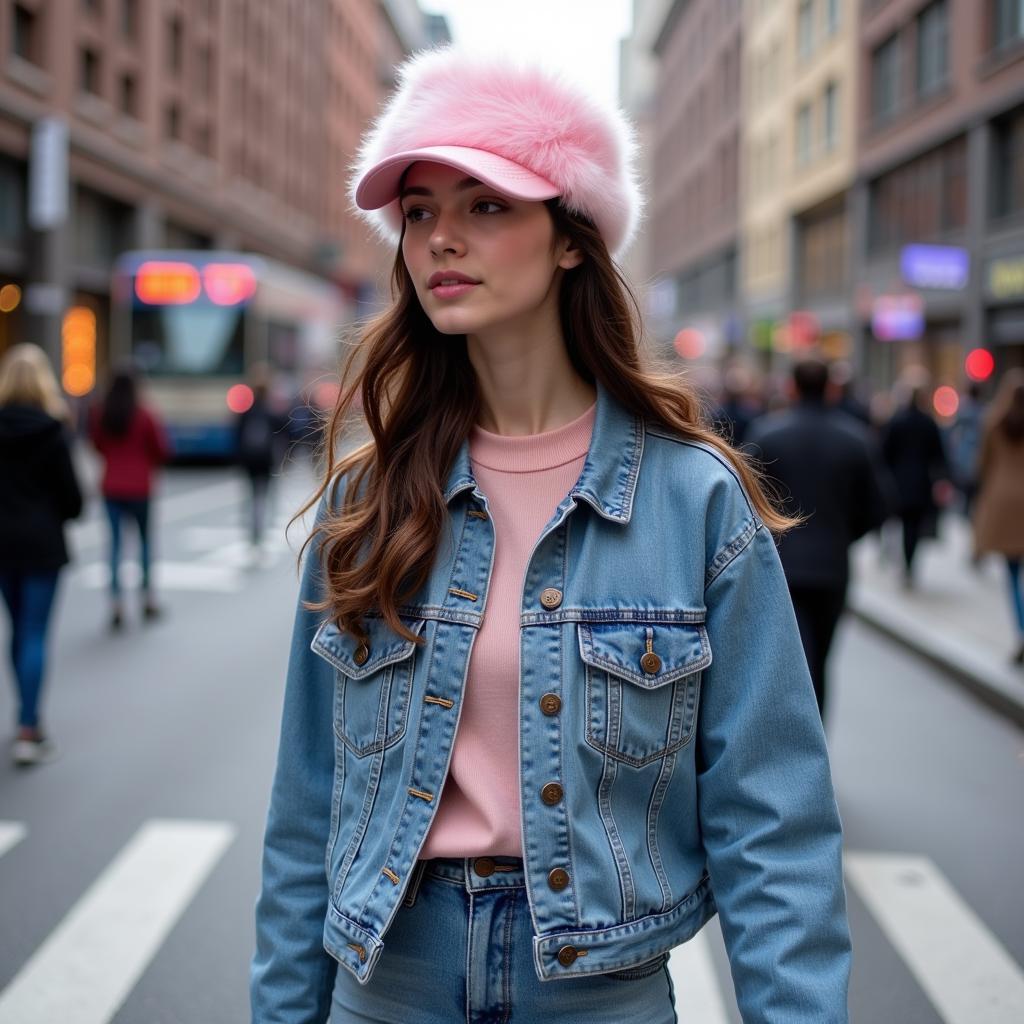 Cotton candy baseball hat worn with a casual outfit on a city street