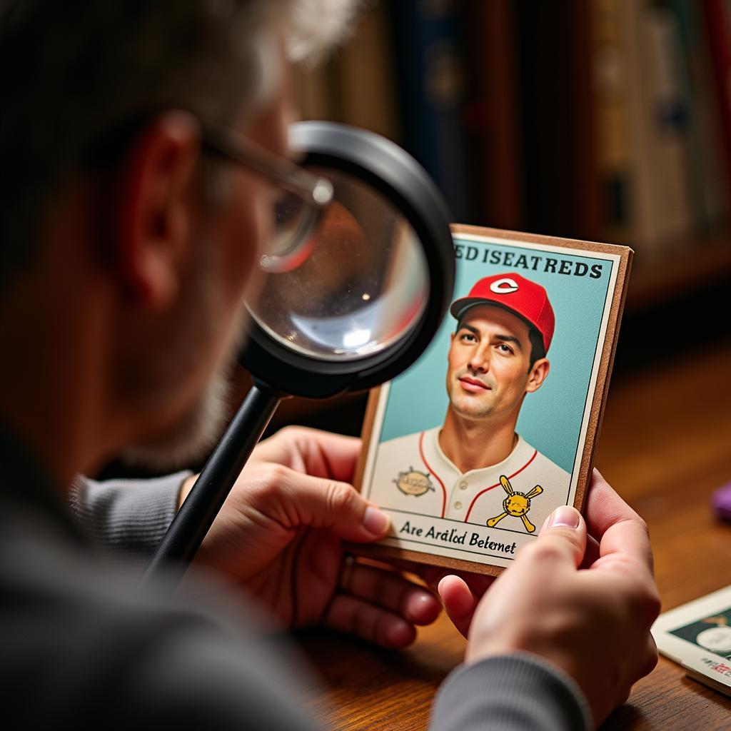 A Crown Reds baseball card being examined and graded for its condition and preservation