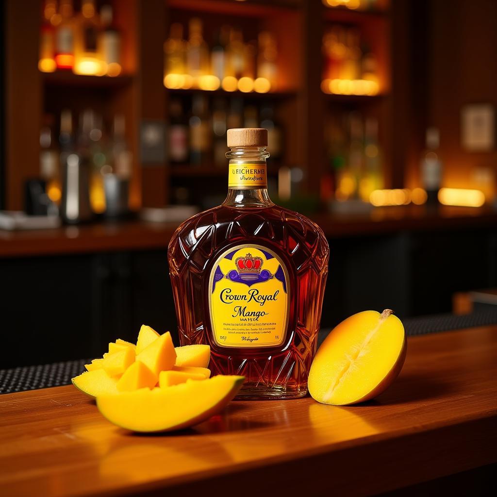 Crown Royal Mango bottle on a bar top with mango slices.