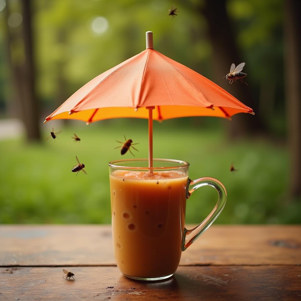 Cup umbrella protecting drink from insects.