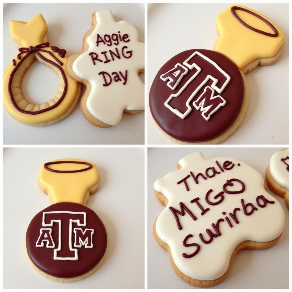 Various custom designs for Aggie Ring Day cookies showcasing different icing techniques and colors.