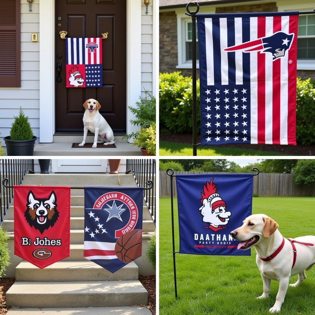 Custom dog flags showcasing various sports teams.