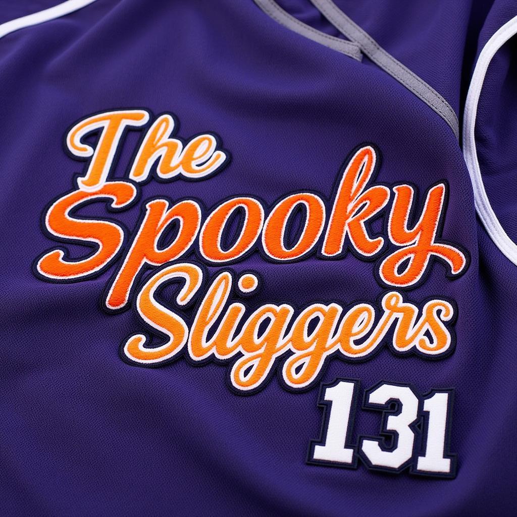 Custom-designed Halloween softball jerseys with team names and numbers.