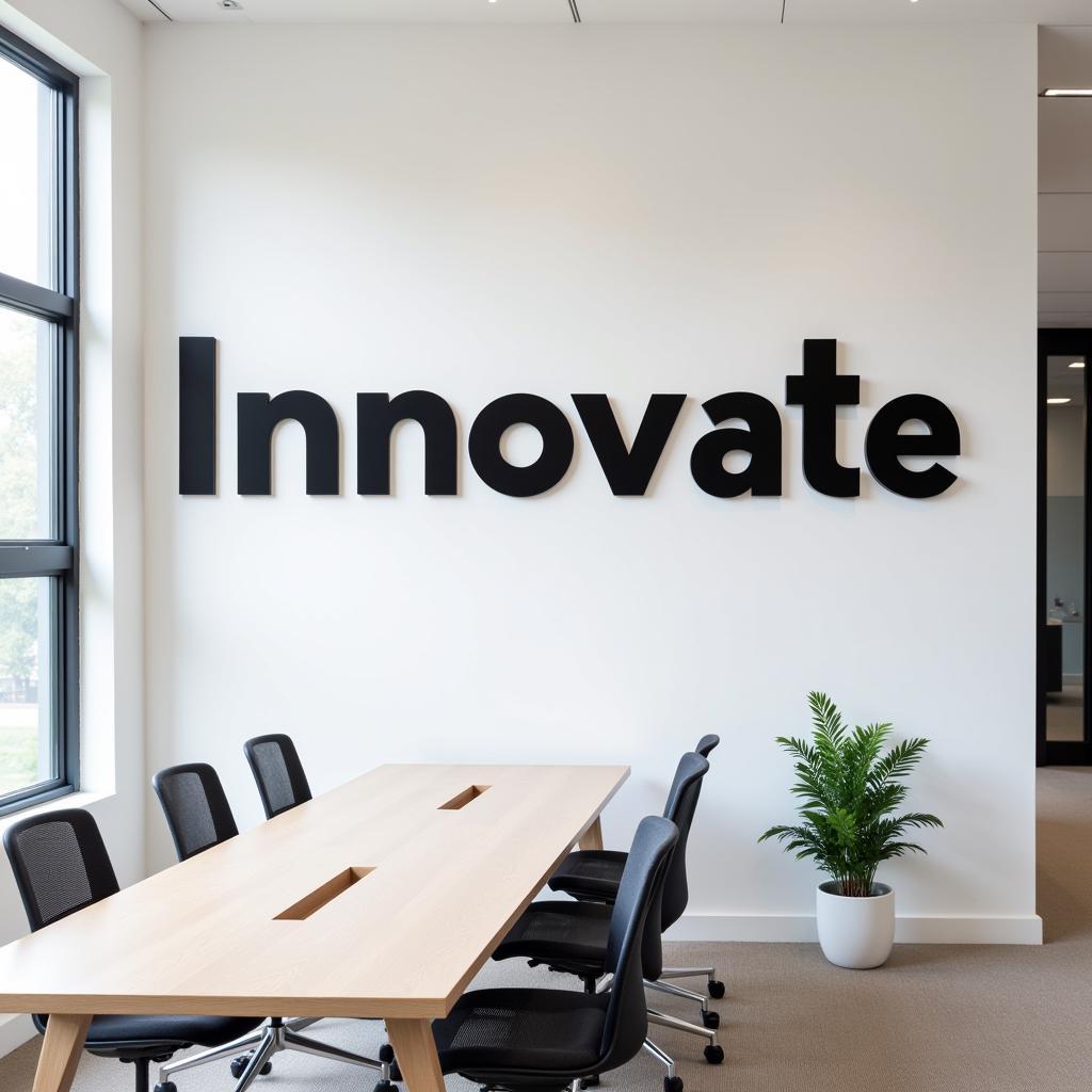 A custom metal word sign in an office adds inspiration