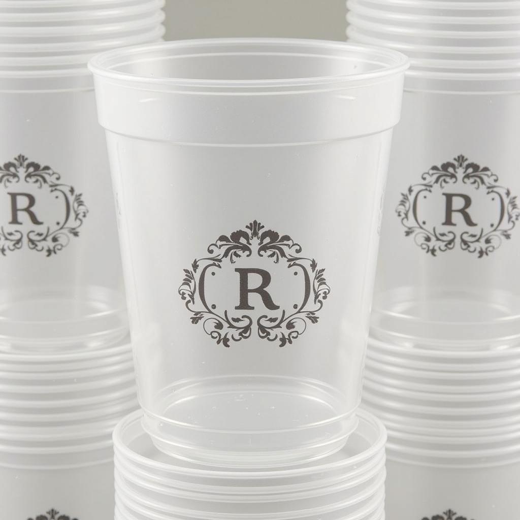 Customized plastic wedding cups featuring a monogram of the couple's initials.