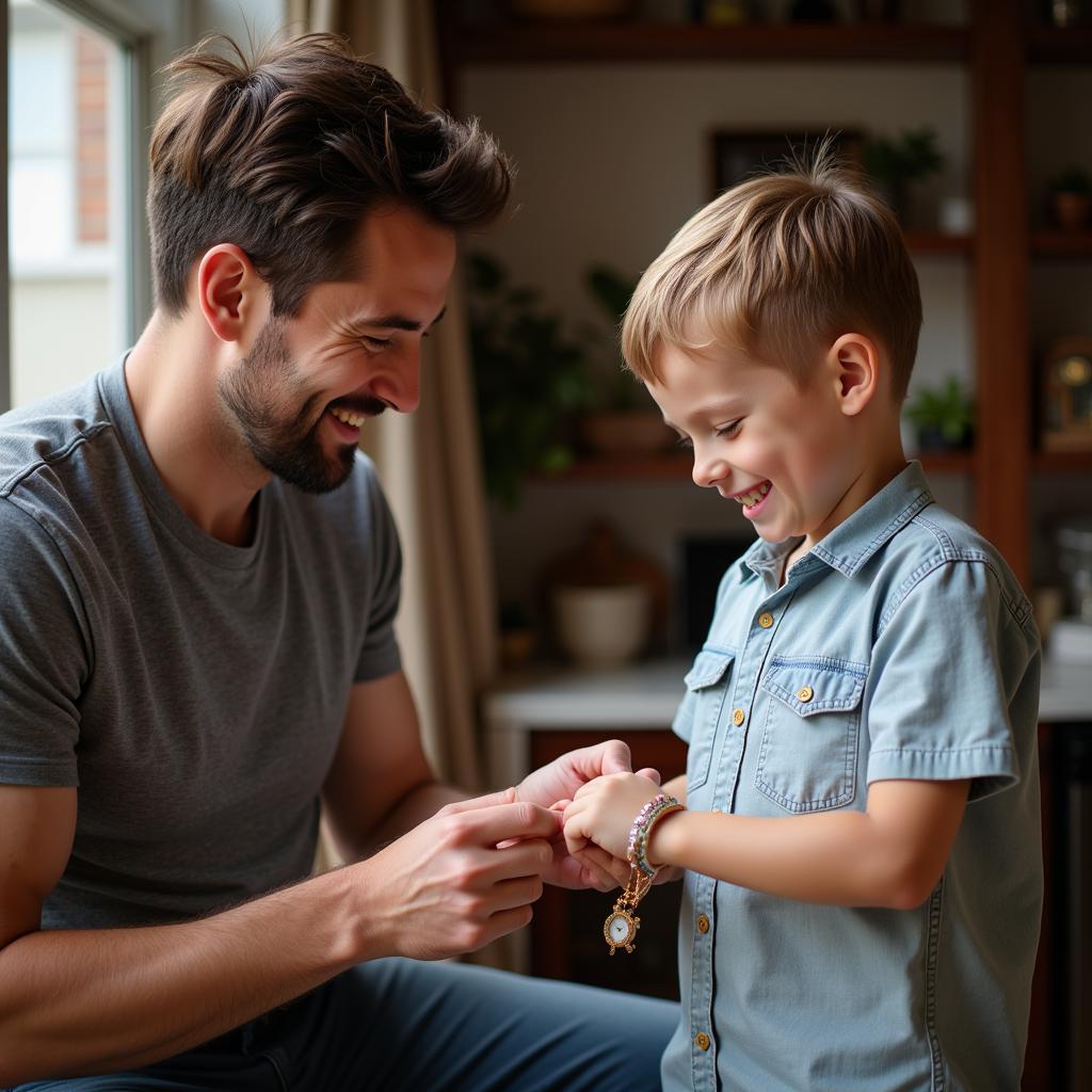 Dad Giving Son a Bracelet