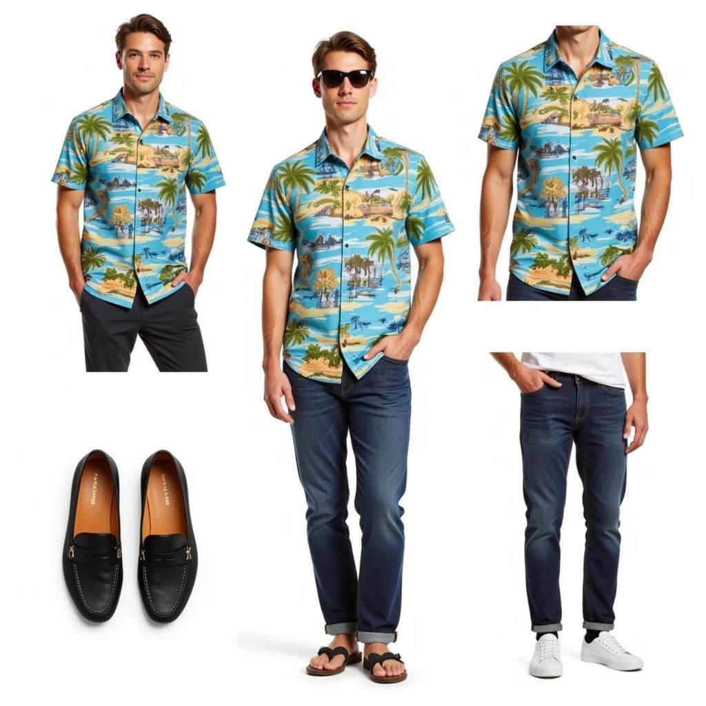 Different outfit combinations featuring a Dbacks Hawaiian shirt, including casual and more dressed-up looks.