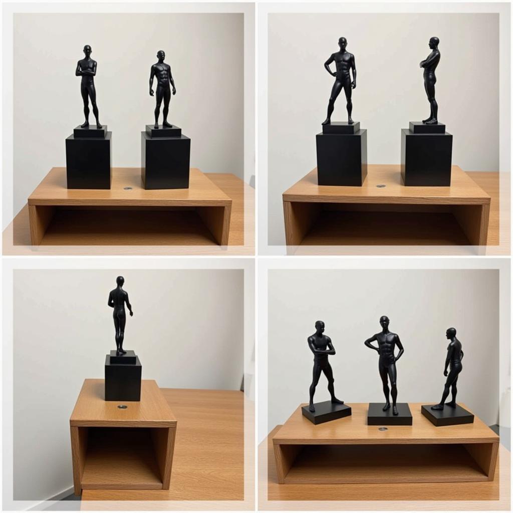 Different display options for desk statues, including stands and shelves.