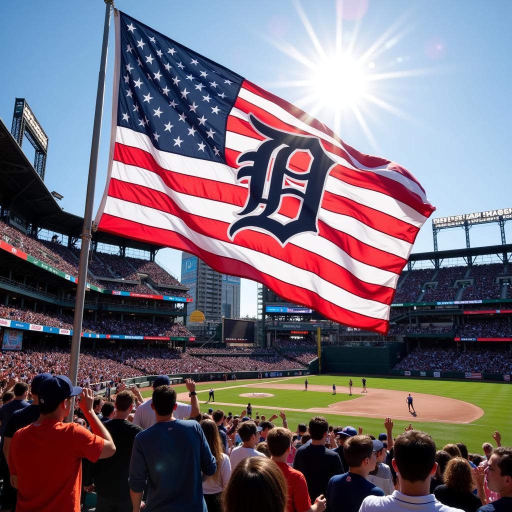 Detroit Tigers American flag waving proudly at Comerica Park during a game.