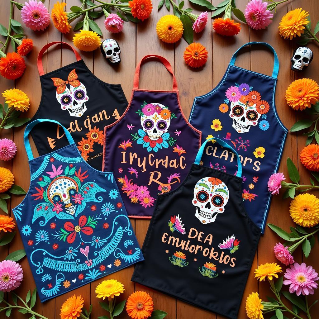 Various Dia de los Muertos Apron Designs