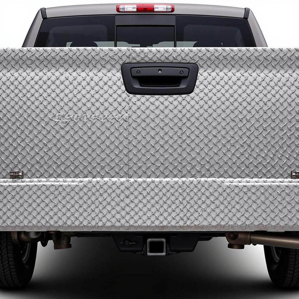 Close-up view of a diamond plate tailgate cover showing its textured surface and protective properties