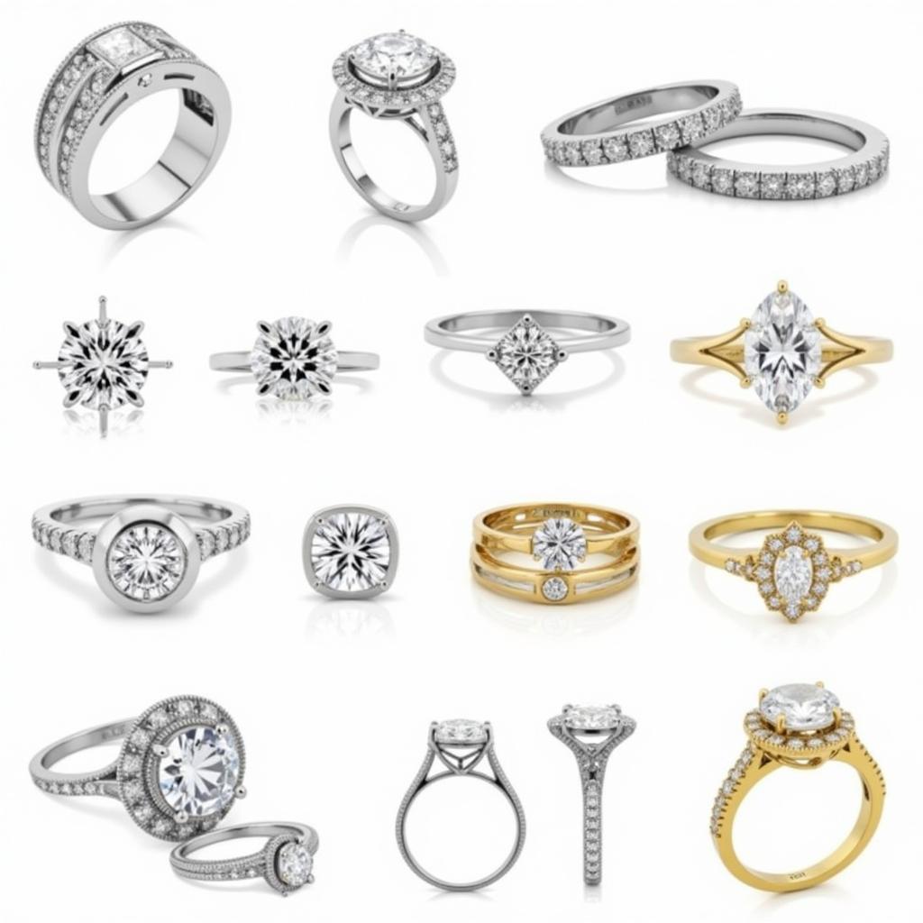 A collection of diamond replica jewelry, including rings, necklaces, and earrings.