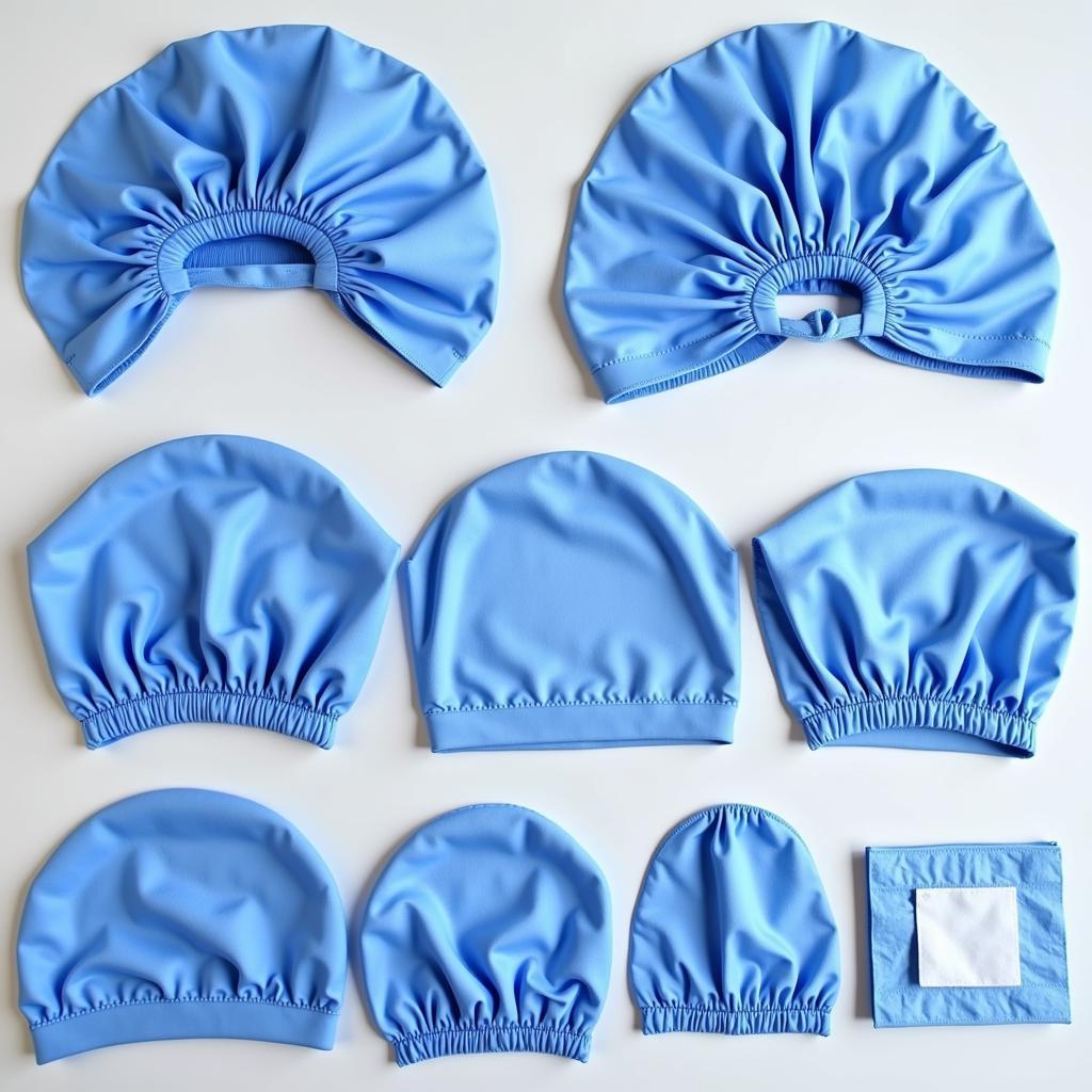 Various styles of blue scrub caps including bouffant and tie-back