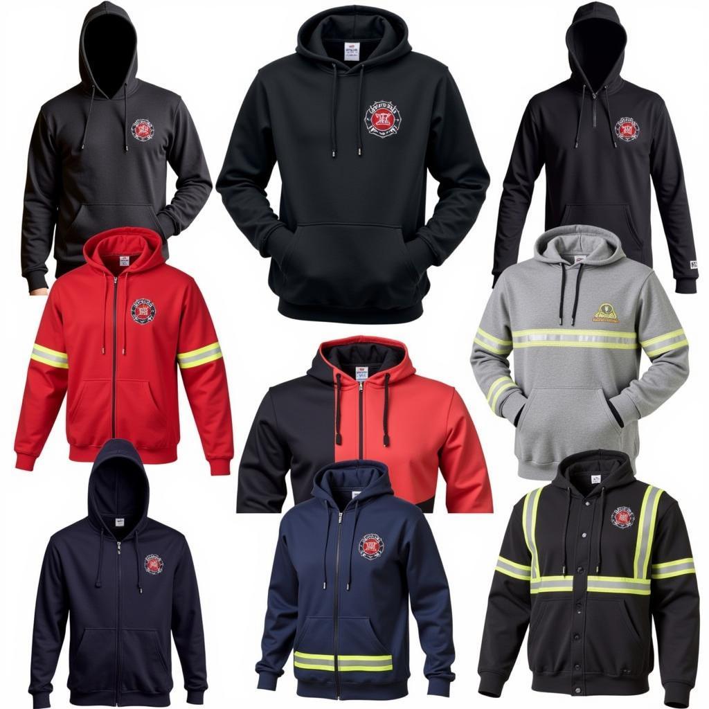 Various styles of firefighter hoodies