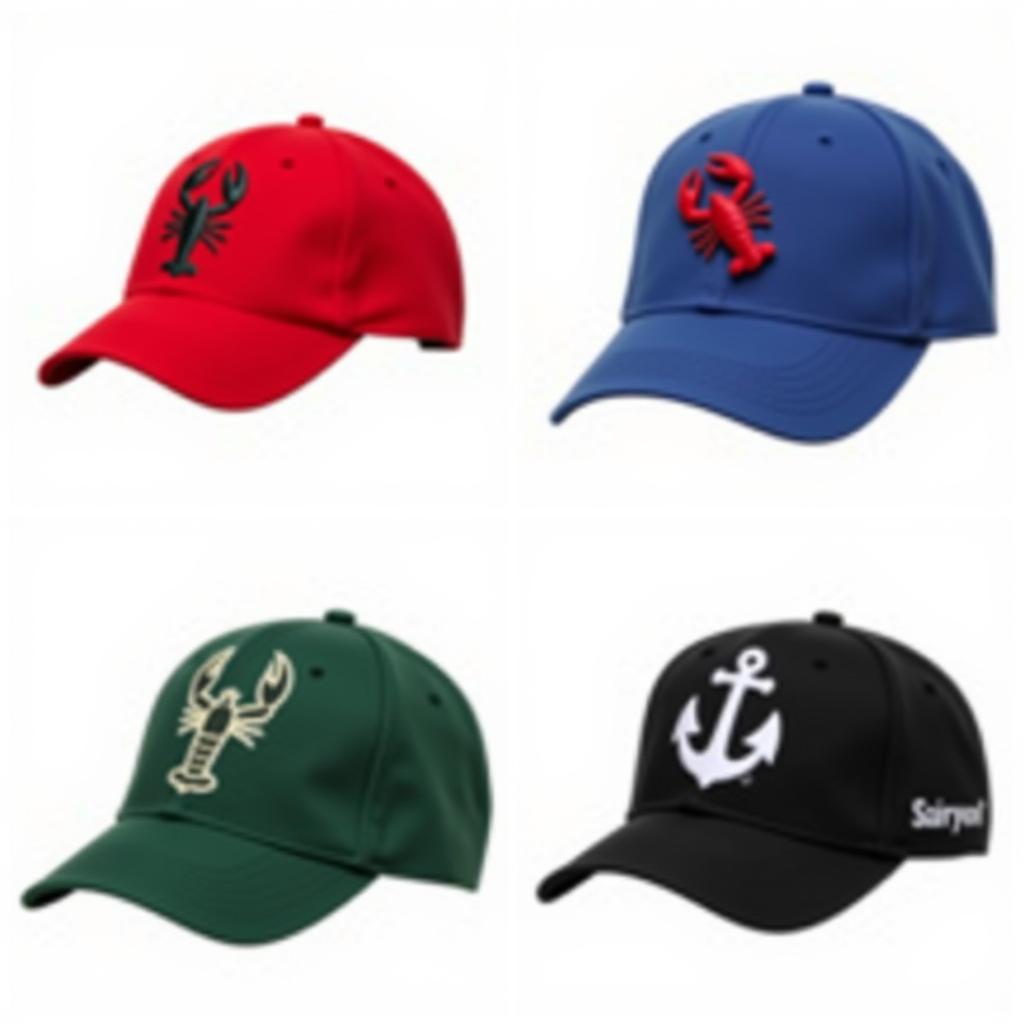 Variety of lobster baseball hats in different styles, colors, and designs.