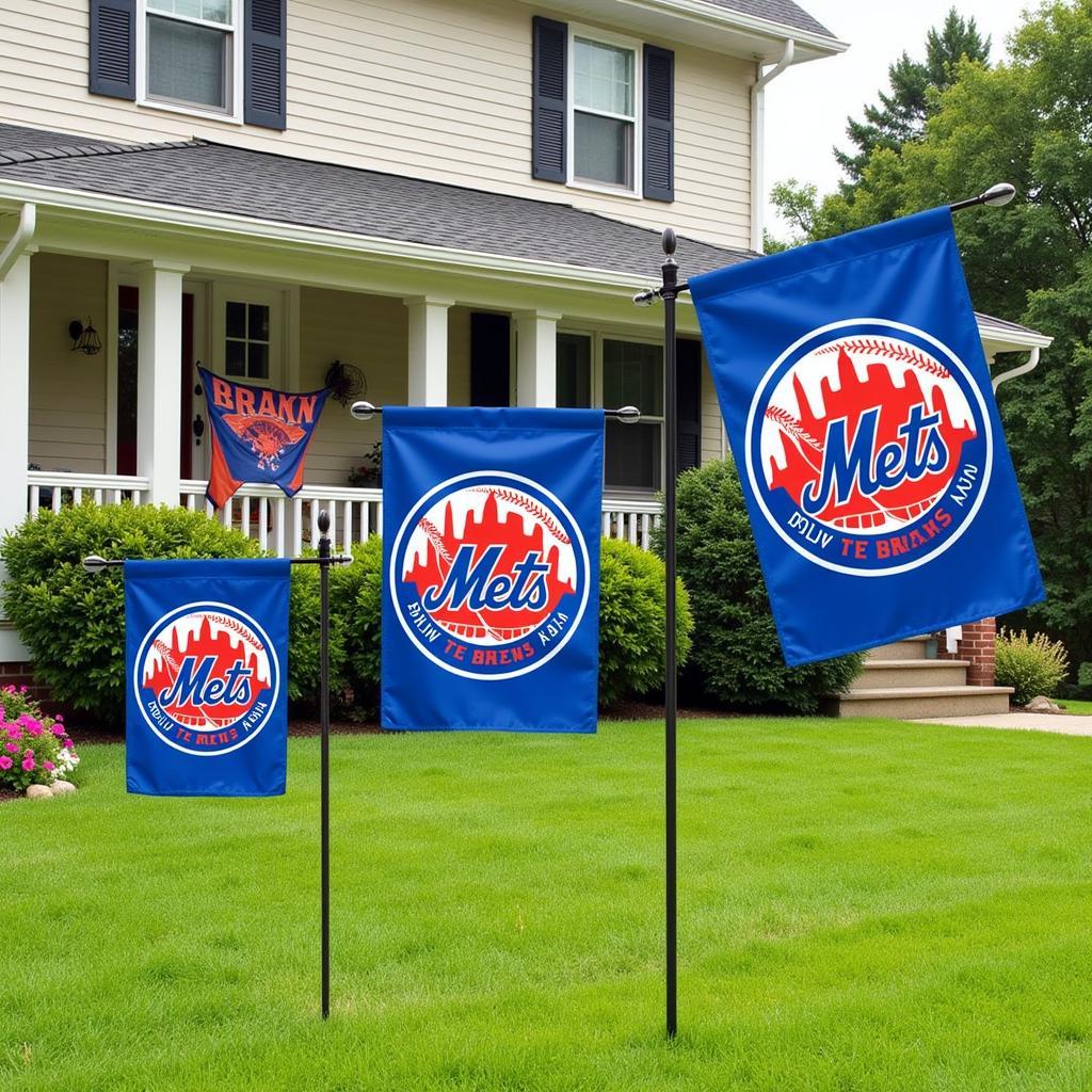 Various sizes of Mets garden flags displayed in different outdoor settings, illustrating the impact of size and placement.