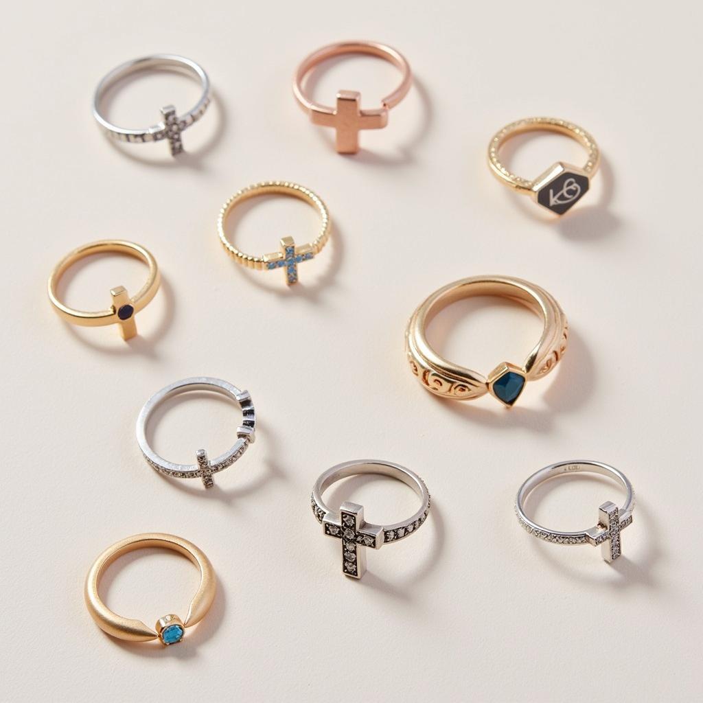 Various styles of daughter cross rings showcasing different designs and materials