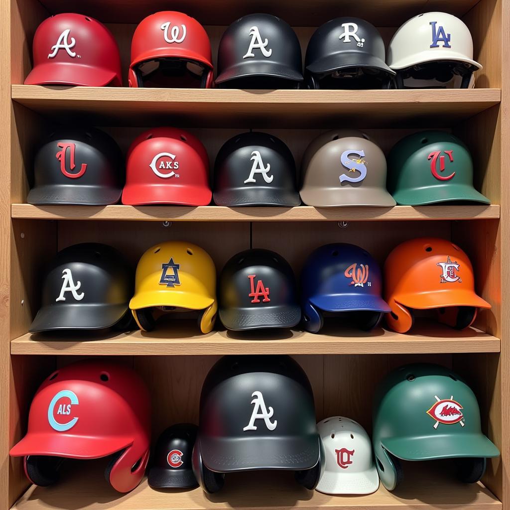 Different styles and colors of all star baseball helmets, showcasing the variety available for players to choose from.