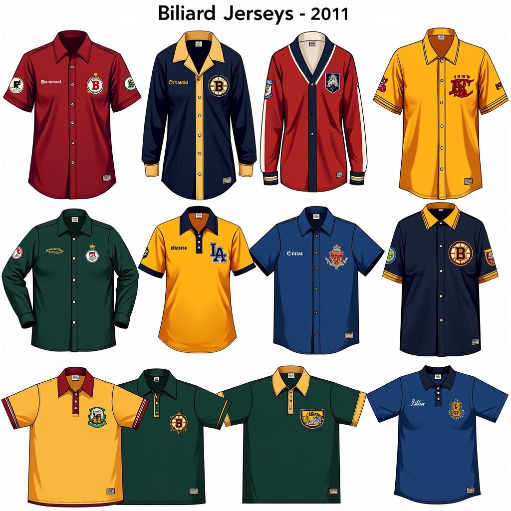 A display of various billiards jerseys, showcasing different styles, colors, and designs.